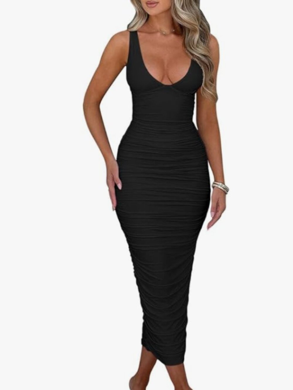 Ruched Sleeveless Deep V Cocktail Dress l Medium